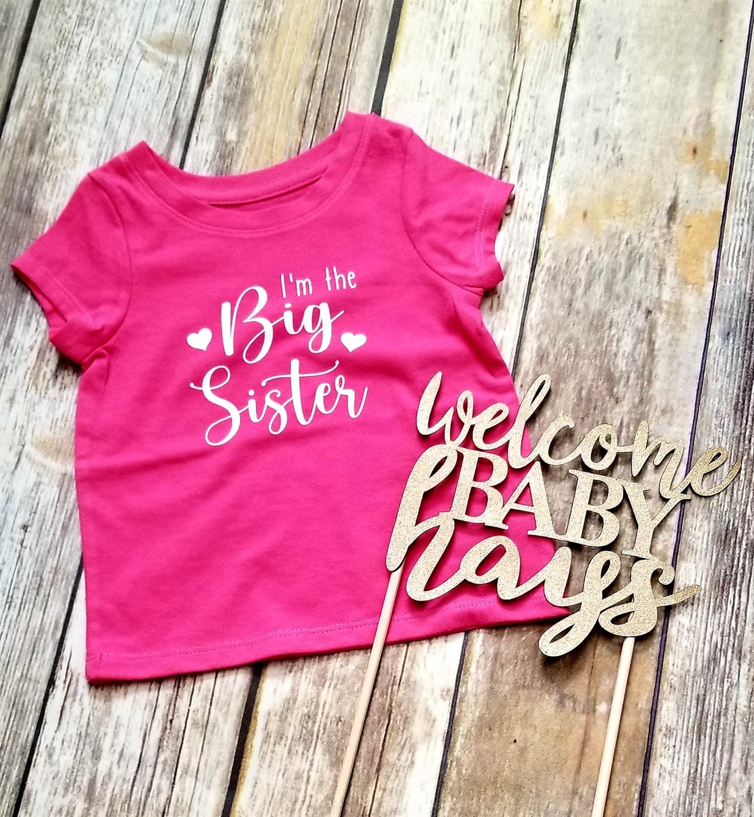 Pink big sister shirt with welcome baby name sign