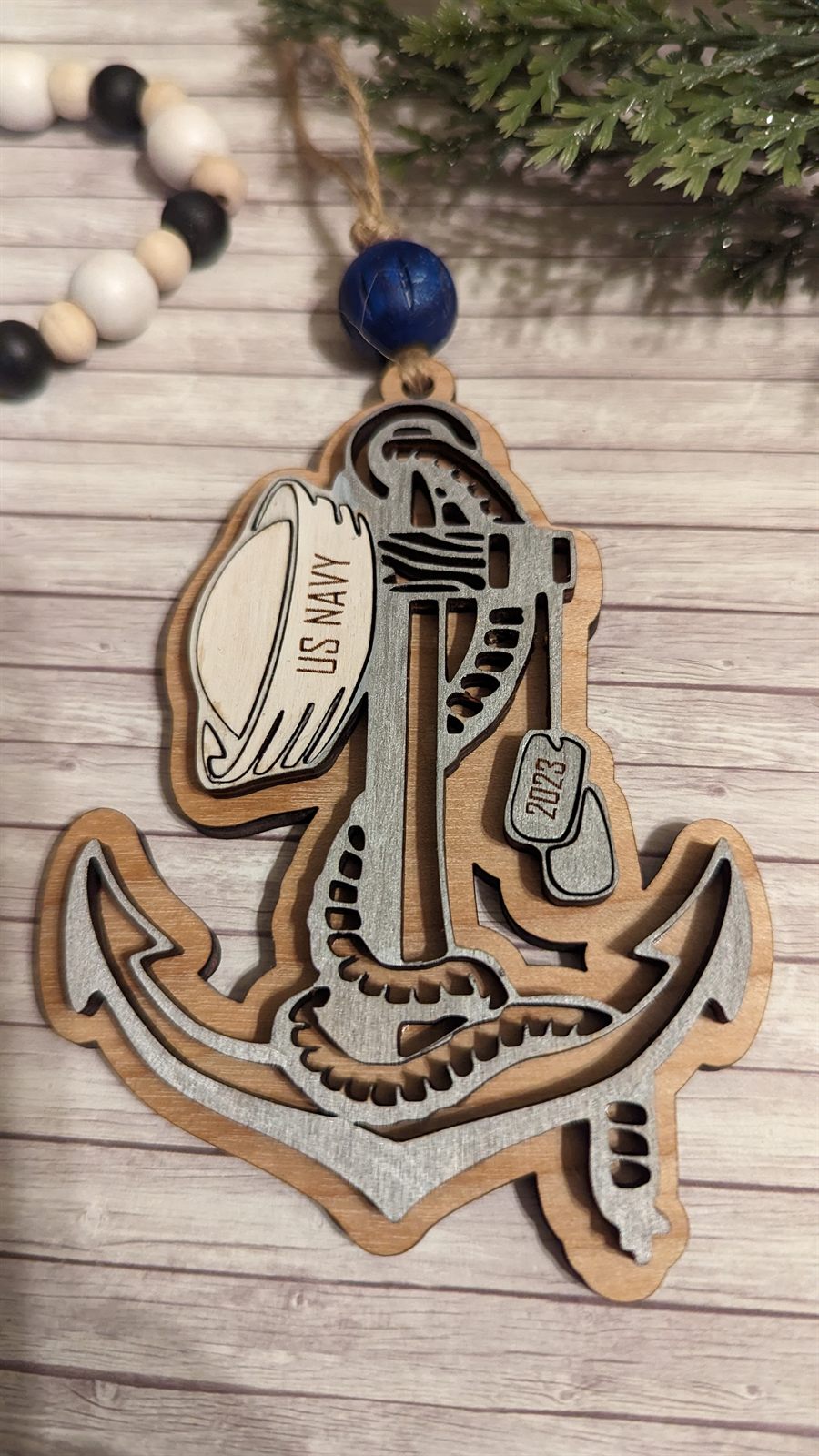 Layered laser cut Navy anchor ornament